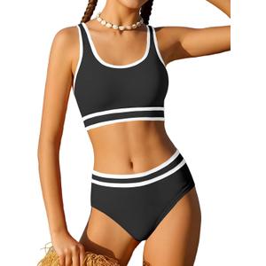 Girls Swimsuit Double Strap High Waist Sporty Bikini Swimsuits Swim Cover Up Skirt 3 Piece Set (13-14 Years, Black)