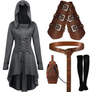 Suhine 5 Pcs Mardi Gras Renaissance Women Costume Medieval Hooded Robe Vintage Faux Leather Arm Pouch Belt (Medium, Grey)