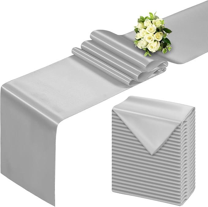 BDDC Silver Table Runner 12x108 Inch - 24 Pack Satin Table Runners, Smooth Table Runner for Party Wedding Banquets Birthday