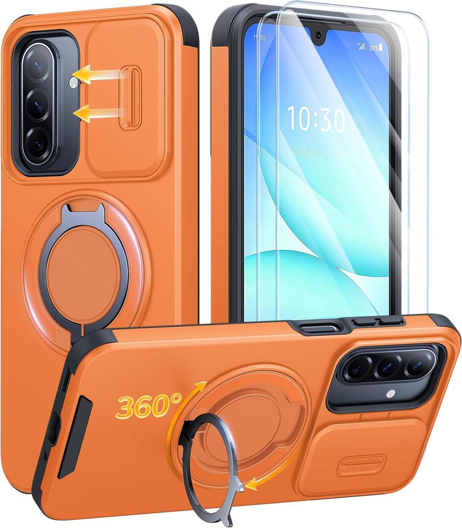 JAME for Samsung Galaxy A17/A16 5G Case, Ring Holder Stand, Slide Camera Cover, 2 Pack Screen Protectors, Dual-Layer Shockproof Protective, Magnetic Accessory Friendly Galaxy A16/A17 4G Case, Orange