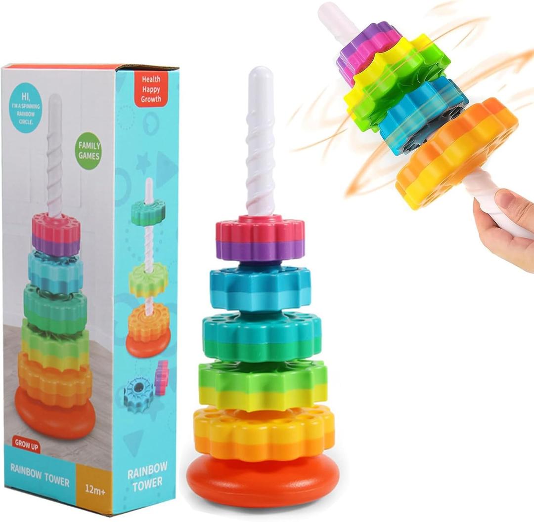 Baby Spinning Stacking Toys, Spin ABS Plastic and Color Rainbow Design Ring Stacker Baby Toys 6 to 12 Months Montessori Educational Learning Autism Sensory for Boys and Girls
