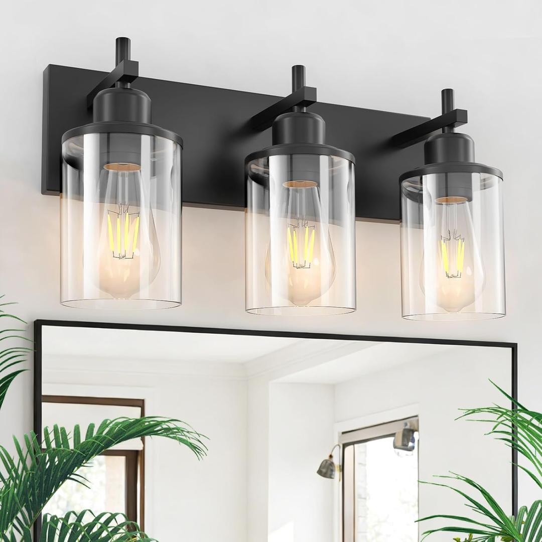 3-Light Black Bathroom Light Fixture Over Mirror Modern Farmhouse Bathroom Vanity Light Vintage Wall Lighting with Clear Glass Shade for Bathroom, Bedroom, Hallway, Cabinet