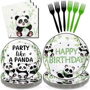 96 Pcs Panda Birthday Decorations Party Like a Panda Paper Plates and Napkins Green Bamboo Animal Themed Tableware Sets for Kids Birthday Baby Shower Newborn Party Supplies Serves 24