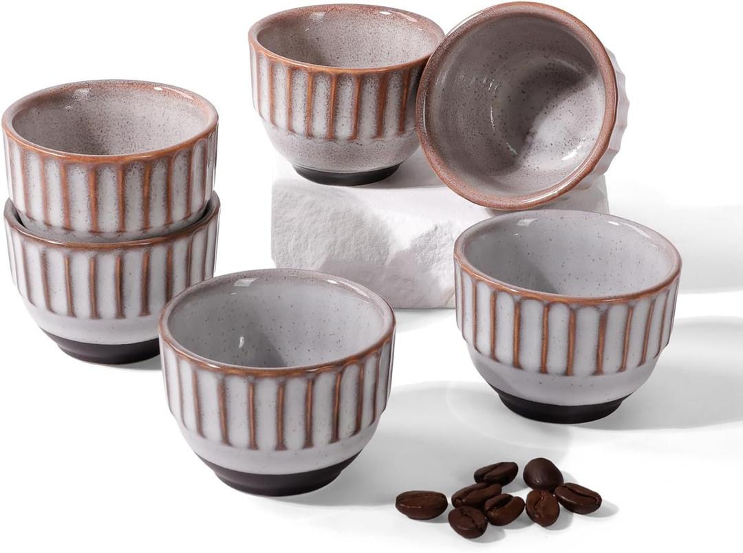 Ceramic Espresso Cup set of 6, One Shot Coffee Cups,Tiny Cofffee Mugs Demitasse for Espresso, Vertical Stripes Espresso Cup Set of 6 (Top Kiln-Gray & Bottom Dark Brown)