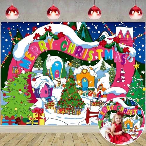 Merry Christmas Backdrop Winter Xmas Tree Christmas Village Photography Background Xmas Fairy Tale Animated Kids Holiday Party Decoration Banner (7X5FT(82 x 59 inch))