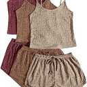 GORGLITTER Women's 3 Sets Ribbed Pajamas Set Sleeveless Crop Top and Tie Front Shorts Lounge Set Sleepwear Loungewear L