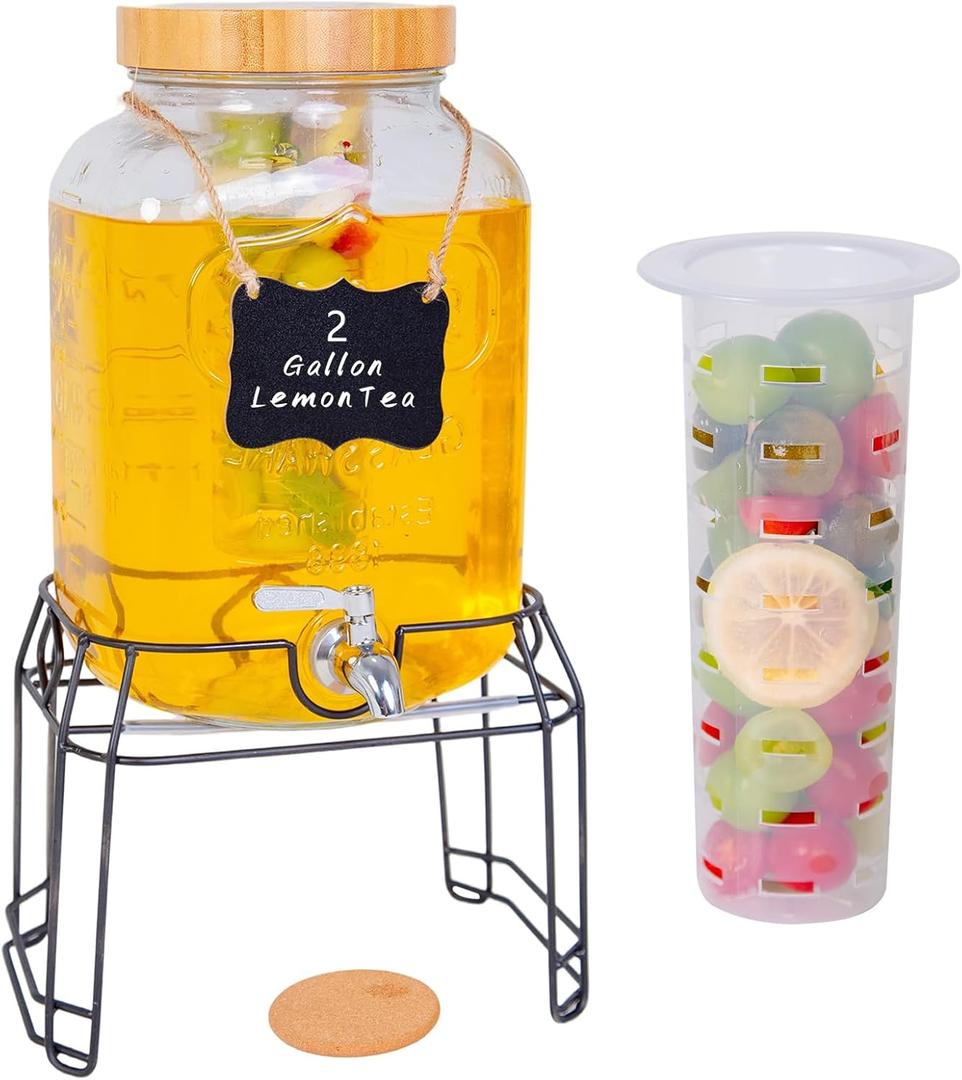 2 Gallon Glass Drink Dispenser with Stand,Stainless Steel Leakproof Spigot &Bamboo Lid& Labels& Fruit Infuse, Large Beverage Dispenser for Parties, Lemonade, Sun Tea, Picnic & Outdoor Use