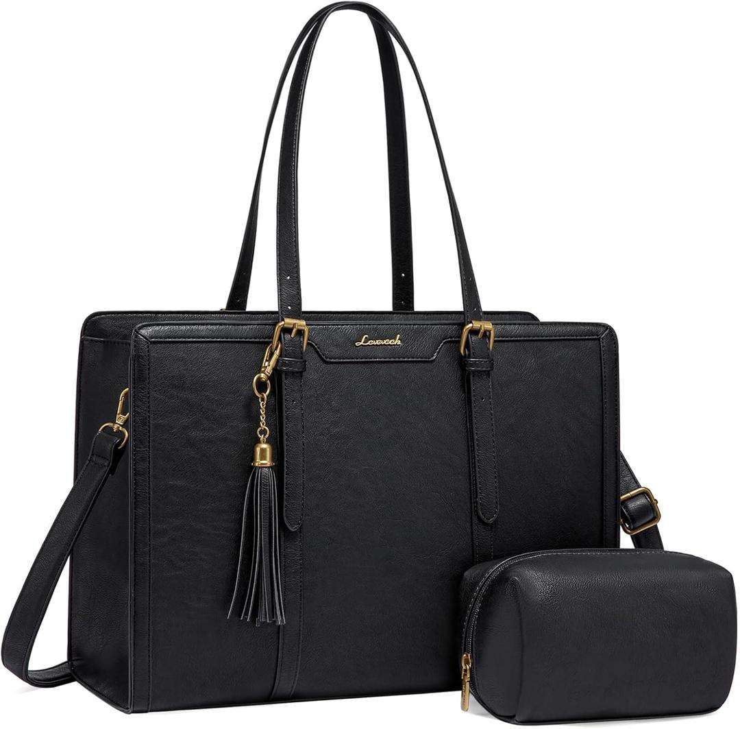 LOVEVOOK Laptop Bag for Women Vintage Leather Laptop Tote 15.6 inch Large Capacity Computer bag with Clutch Purse for Work (Black)