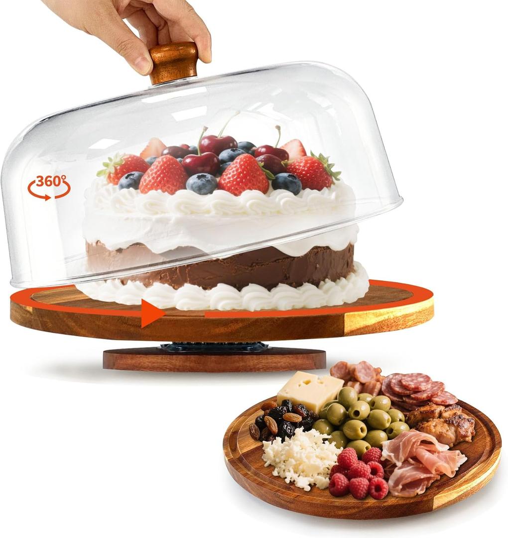 Rotating-Wood-Cake-Stand With Acrylic Dome Lid, Round Wooden Cake Holder Plate With Cover, 2-in-1 Dessert Table Display Set For Party, Charcuterie Board For Cheese, Chips & Dips, Nachos, Fruit Platter