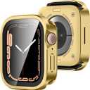 Amizee Metal Case Compatible with Apple Watch Series 9/8/7 45mm Case with Built-in Screen Protector, Straight Edge Ultra Thin with Back Cover Protective Cover for iWatch 45mm, Gold