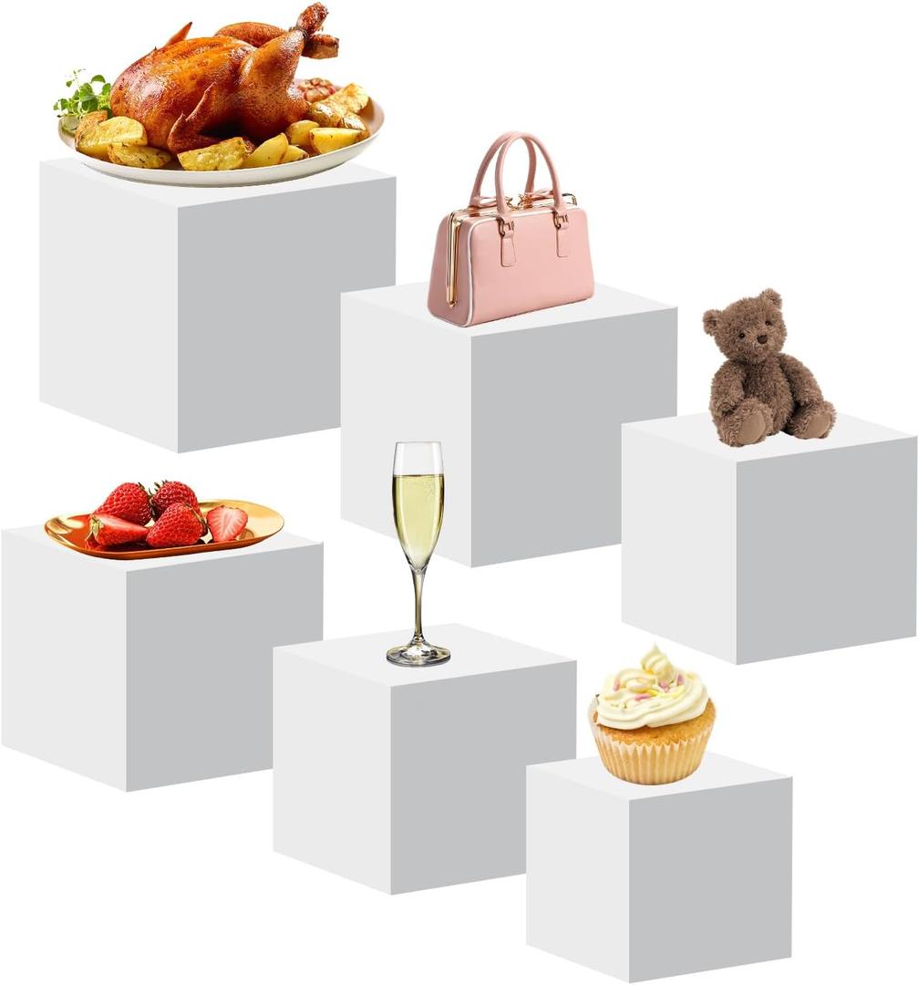 Small Buffet Risers Display Stands, 6 PCS White Acrylic Cube Boxes Nesting Risers with Hollow Bottoms for Catering/Dessert/Collectibles/Jewelry/Figures Show