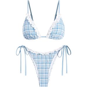 ZAFUL Women's Triangle Bikini Lace Frilled Ruffles Gingham Print Tie Side Spaghetti Strap 2 Pieces Bikini Swimsuit (Medium, 3-blue)
