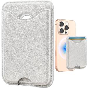 Shorogyt Compatible with Magsafe Wallet Magnetic Card Holder - Glitter Silver Phone Wallets for Women Teen Girls for iPhone 17/16/15/14/13/12 Series Slim for Apple Mag RFID Magnet, Fit 3 Cards