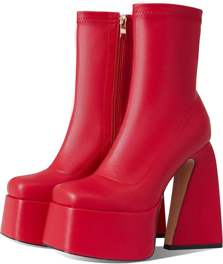 Uacllcau Platform Boots for Women Mid Calf Boots Square Toe Chunky High Heel Boots Side Zipper Ankle Booties (7.5, Red)