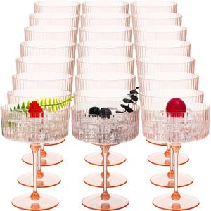 Jingmore 24 Pcs Ribbed Martini Glasses 10 oz Disposable Plastic Vintage Ribbed Coupe Glasses Unbreakable Dessert Parfait Glassware for Wedding Birthday Party Supplies (Champagne Powder)
