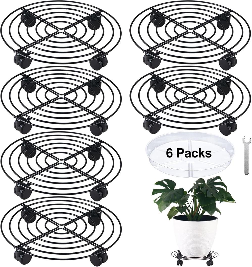 6 Packs 14 Inches Large Metal Plant Caddy with Wheels Rolling Plant Stands Heavy-duty Wrought Iron Plant Roller Base Pot Movers Plant Saucer on Wheels Indoor Outdoor Plant Dolly with Casters Planter Tray (Black)