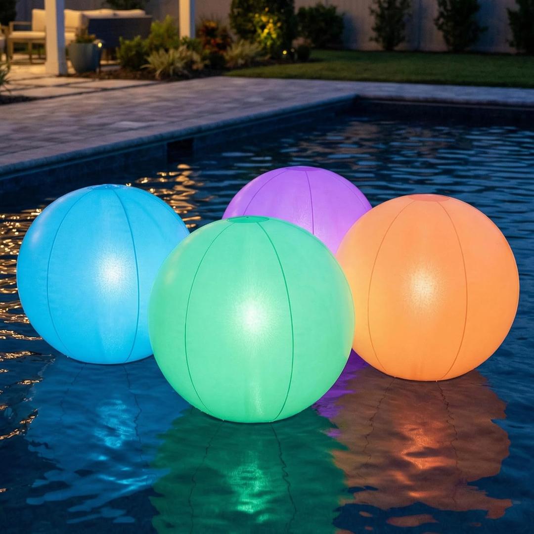 Floating Pool Light Ball, 12" Light Up Beach Ball, 4Pcs Waterproof LED Glow Balls with 8 Light Modes, Glow in The Dark Pool & Beach Decorations for Kids and Adults