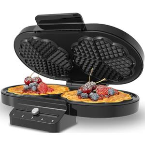 Electric Waffle Maker Heart-Shaped: 2 Non-Stick double-Side Heating Plates with 5-Setting Adjustable Browning Control for Fast Heating - No Flip Design & Compact Storage for Busy Families (BLACK)