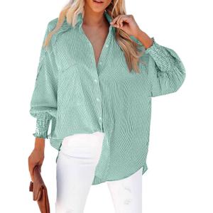 Womens Smocked Cuffed Striped Boyfriend Shirts Dressy Collar Long Sleeve Oversized Button Down Blouse Tops with Pocket (Large, Army Green)