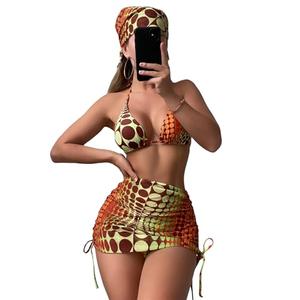 RoseSeek Women's 4 Piece Swimsuits Halter Triangle Bikini Sets Bathing Suit with Mesh Cover Up Skirt & Bandana Burnt Orange Large