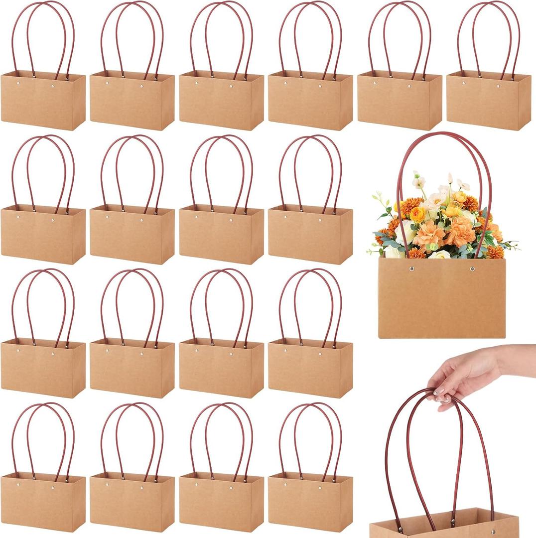 LOLYSIC 20 Pack Kraft Paper Flower Gift Bags with Handles, Small Brown Paper Tote Bags with Waterproof Lining for Floral Arrangements, Party Favors, Wedding Welcome Bags, and Gift Packaging