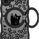 Wavy Case for iPhone 16 Case with Stand [Compatible with MagSafe] Cute Black Cat & Floral & Butterflies Pattern Design, Kawaii 360 Magnetic Ring Kickstand Phone Cover for Women Girls