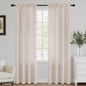 FantasDecor Natural Linen Curtains 84 inch Long Rod Pocket Flax Linen Burlap Semi Sheer with Light Filtering Privacy Window Treatments for Living Room, W52 x L84, Natural
