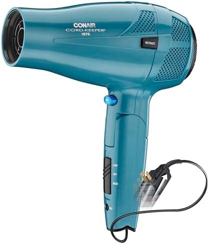 Conair Cord-Keeper Dryer with Folding Handle and Retractable Cord, 1875W Travel Hair Dryer, Ionic Technology, Teal