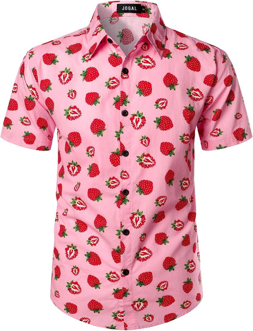 JOGAL Men's Cotton Button Down Short Sleeve Hawaiian Shirt (Large)