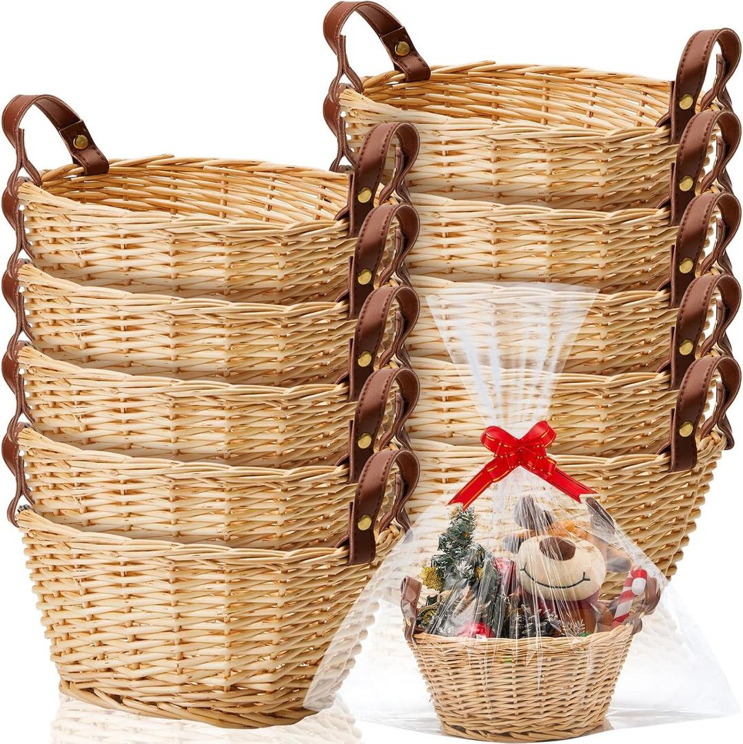 Sintuff 10 Pcs Small Wicker Basket for Gifts, Empty to Fill Chocolate Nuts Cookies Fruits with Handle, Clear Cellophane Wrap Bags and Red Pull Bows for Easter Weddding, Baby Baptisms, Mother's Day