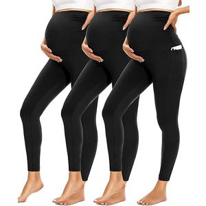 Fotociti 3 Pack Maternity Leggings With Pockets Over The Belly,Womens Pregnancy Workout Yoga Active Soft Tights Pants, Size M
