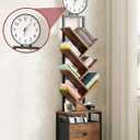 HIGDBFE 6 Tier Tree Bookshelf with Clock and Fabric Drawer, Small Narrow Bookcase, Tall Floor Standing Book Shelf for Bedroom, Living Room, Home Office, Rustic Brown