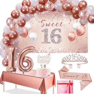 Trgowaul 16th Birthday Decoration Balloon Set Girls Arch, Rose Gold Sweet 16th Birthday Banner and Party Tablecloth, Belt and Tiara, Pink Gold 16th Balloon, Pink Birthday Cake Top, Latex Balloon * 60