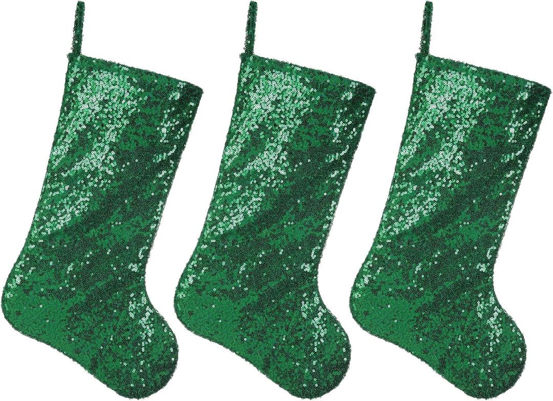 2 x 18.5 Inches Sequin Christmas Stockings,3 Pack Glitter Xmas Holiday Party Supplies,Personalized Christmas Stockings,Holiday Season Decor Green