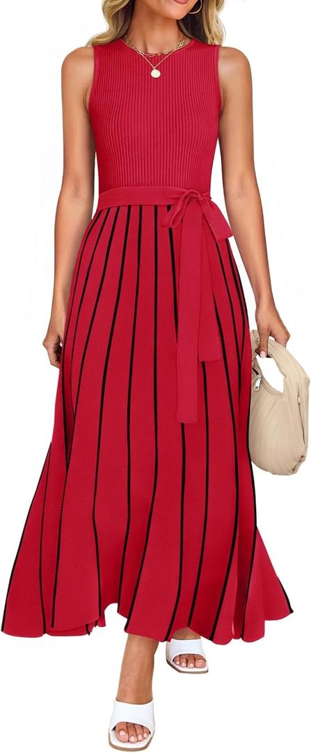 ZESICA Women's Summer Sleeveless Maxi Dress 2025 Crewneck Ribbed Knit Tie Waist Casual A Line Sweater Dresses (Medium, Red)