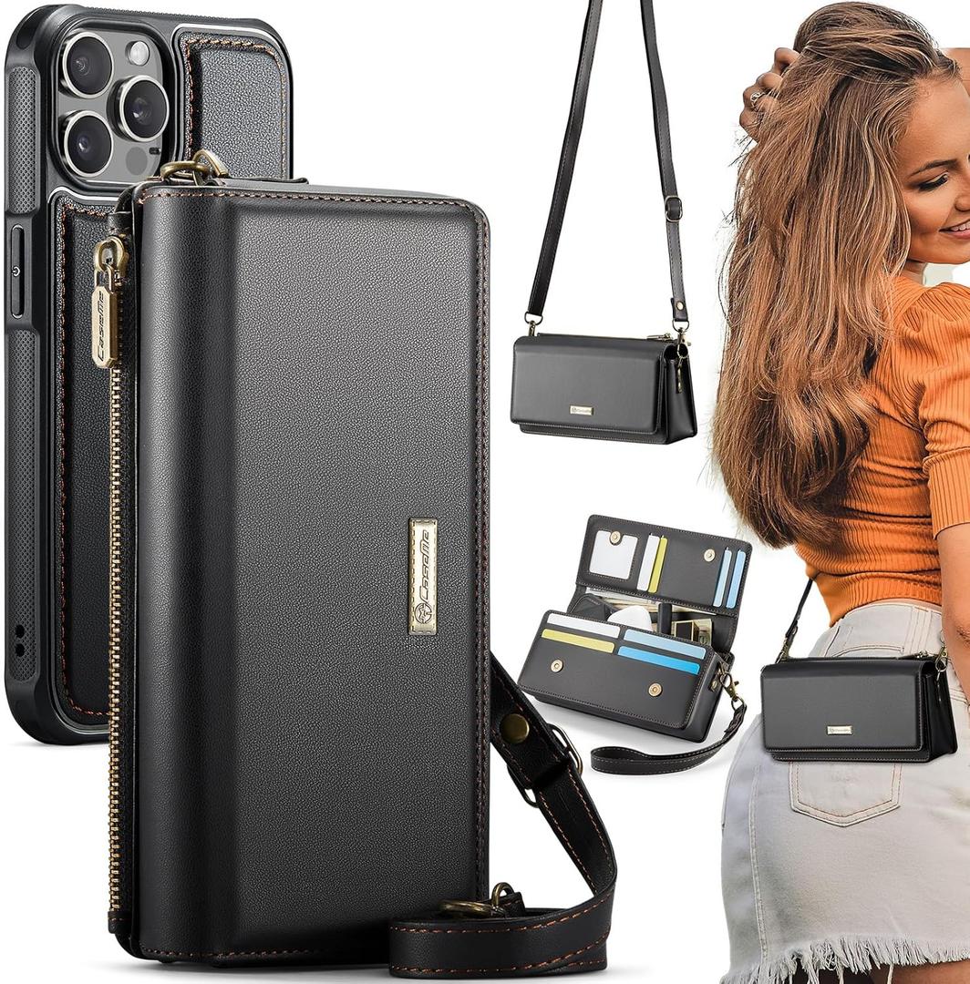 CaseMe for iPhone 16 Pro Max Wallet Case with RFID Blocking Card Holder for Woman, PU Leather Crossbody Strap Zipper Purse & Magnetic Phone Cases for iPhone 16 Pro Max 6.9", Black (iPhone 16 Pro Max 6.9", Fashion Black)