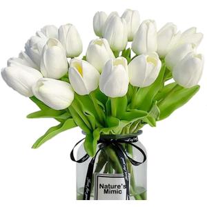 20pcs White Tulips Artificial Flowers 13 Inch Real Touch PU Fake Flowers Fake Tulips for Mother's Day Easter in Home Wedding Office Party Table Decoration