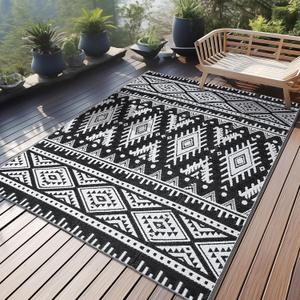 OLANLY Outdoor Rug Waterproof 4x6 ft, Reversible Outdoor Plastic Straw Rug, Boho Patio Rug, Indoor Outdoor Carpet, RV Mat Outside for Patio, Camp, Picnic, Balcony, Deck, Backyard, Black & White