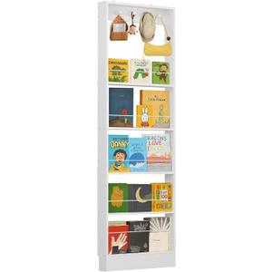 Behind The Door Bookshelf Kids,Wooden Behind Door Bookshelf, 5-Tier Bookcase Book Shelf Space-Saving Organizer Storage for Toys and Story Books Wall Mount Shelves with Hooks(White), 23.6''Lx3.94''Dx72.85''H