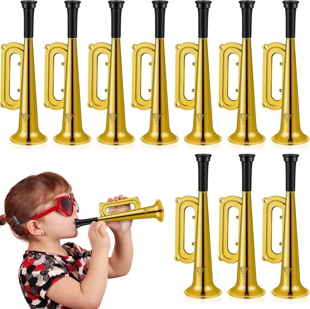 Poen 12 Pcs Toy Trumpet Kids Mini Metallic Trumpet Parties Musical Blow Horn Instruments Plastic Noise Makers for Kids Events Party Favors Music Class Stage Props 7 Inch Easter Day(Gold)