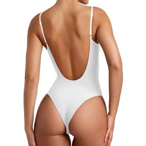 REORIA Womens Sexy Trendy Open Back V Neck Spaghetti Strap Backless Trendy Cami Bodysuit Tops (Medium, White)
