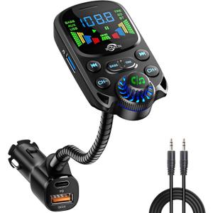 Bluetooth 5.3 FM Transmitter for Car- SOARUN Bluetooth Car Adapter PD30W & USB Port Fast Charge - HiFi Treble & Bass Player - 1.6" Display Hands-Free Calling - Car Radio with AUX Input/Output, TF Card