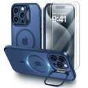 Mitywah for iPhone 15 Pro Max Case with Invisable Metal Lens Stand, Matte Back Cover Compatible with MagSafe, Military-Grade Drop Protection, Bulit in Kickstand Magnetic Phone Case 6.7 inch, Blue