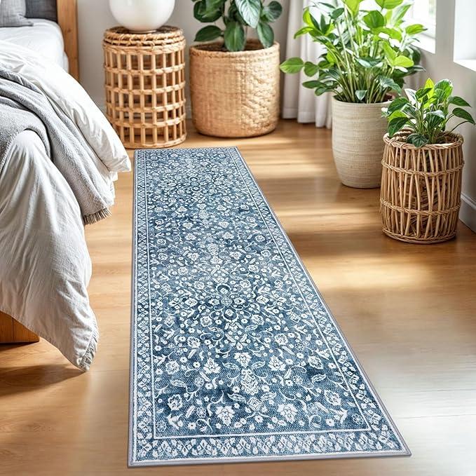 Vintage 2x7 Runner Rug, Blue and White Washable Runners for hallways, Super Soft Kitchen Runner Rug Non Slip, Print Faux Wool Floral Thin Carpet Runner for Entryway Indoor Bedside Runner