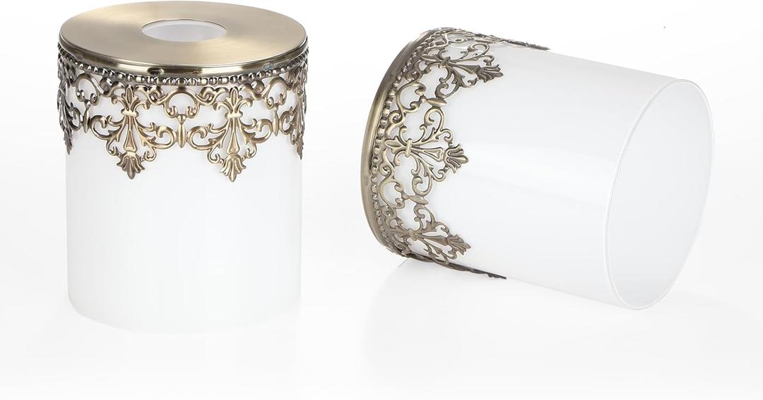 Milky White Glass Lamp Shade with Decorative Metal Pattern Elegant Metallic Accents 1-5/8" Fitter| Soft Ambient Lighting for Bedroom & Living Room