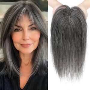 REECHO Hair Toppers for Women Real Human Hair, 10 inch Hair Toppers with Bangs for Women with Thinning Hairs, Dark Grey