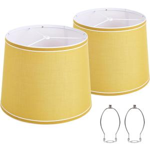 Lamp Shades Set of 2, Drum Lampshades, Lampshade 10 Inches Height, Lampshades for Table Lamp, Floor Lamp, Pendant Light, Yellow & White, Lamp Shade Harp Holder Included