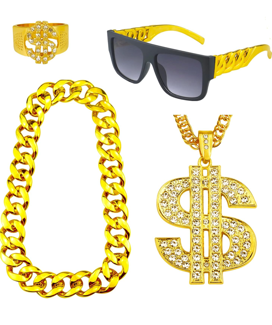 4 Pack 80s 90s Hip Hop Costumes Outfit, Fake Gold Chain Money Chain, Twist Leg Punk Sunglasses, Dollar Sign Finger Ring for Men Women Rapper Accessories