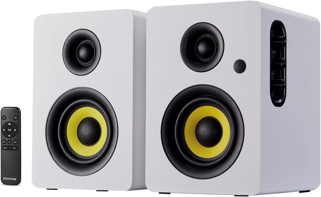SW206 4 HiFi Bookshelf Speakers with Studio Mode, 80W Active, Bluetooth 5.4/Optical/Coaxial/TRS/Aux/24bit DAC USB, for Turntable TV PC Desktop, MDF Cabinet, Remote Control, White