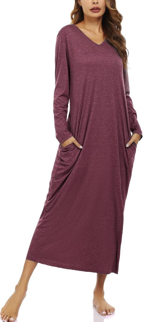 Marvmys Women Cotton Long Nightgowns Long Sleeves Nightshirts V Neck Full Length Sleep Shirts with Pocket (XL)